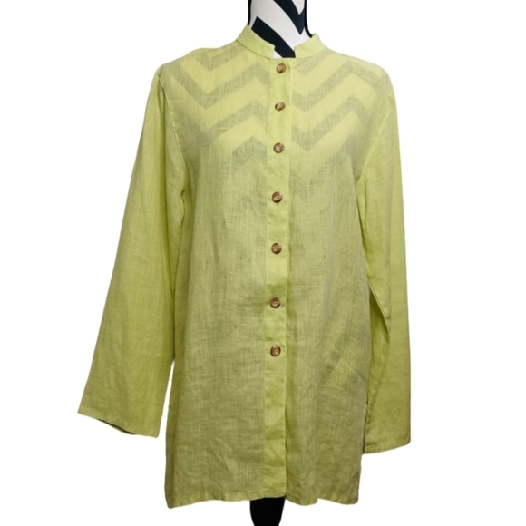 Harve Bernard 100% Linen Button Down Front Lagenlook Resort Lime Green Tunic Top - Picture 1 of 13